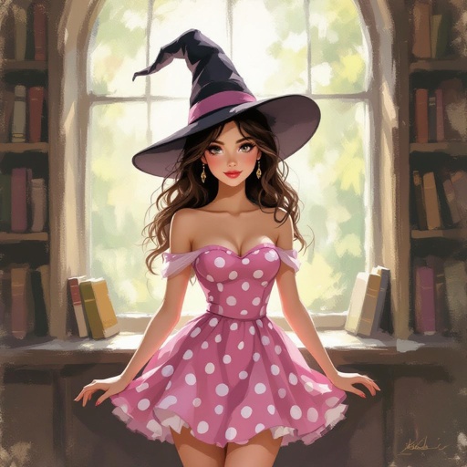 Dark Brown Hair Elf Witch Librarian in Witches Hat. Tight Strapless pink polka mini dress