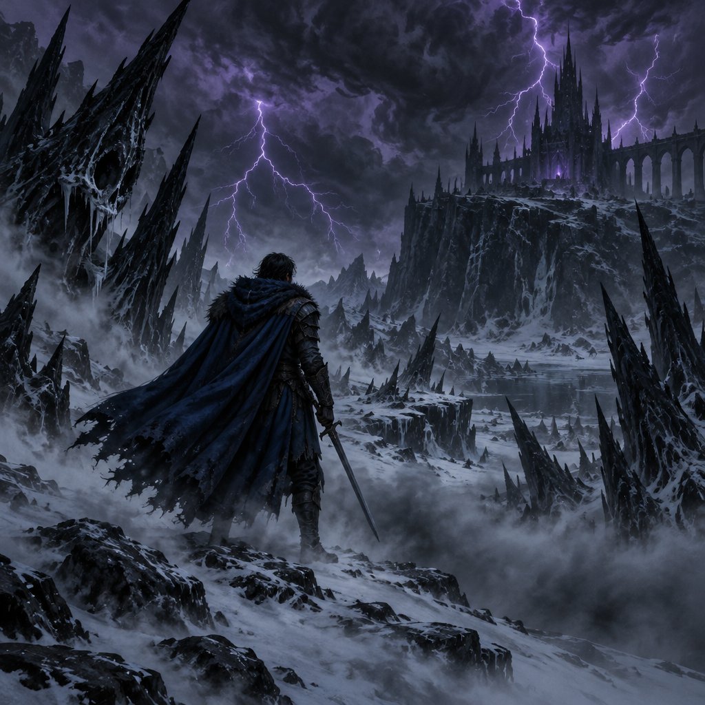 man in blue thunder storm in a ice waste land