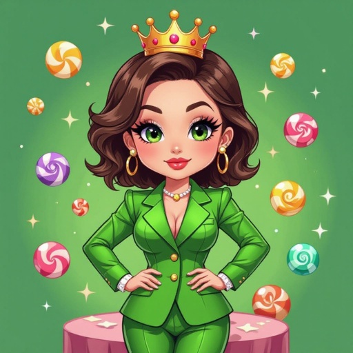 Create a chibi character mid 30’s lady who is in a suite with hands on waste
