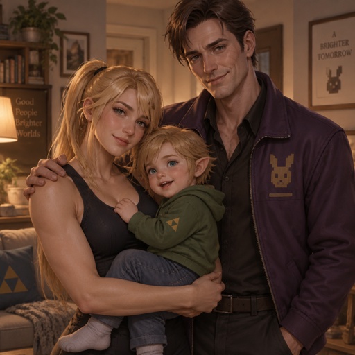 Samus Aran holding link from legends of Zelda as a baby, William afton cheekbones from five nights at Freddy’s standing next to them hand on Samus’s shoulder, all are wearing modern clothes, happy, house interior 