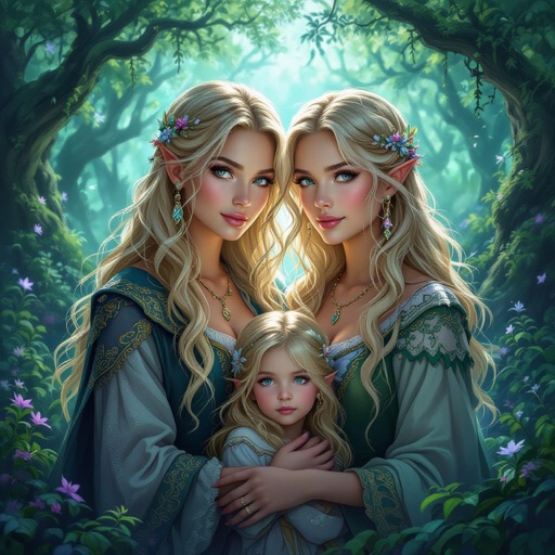 Twin women’s with blond hair with their family and children 