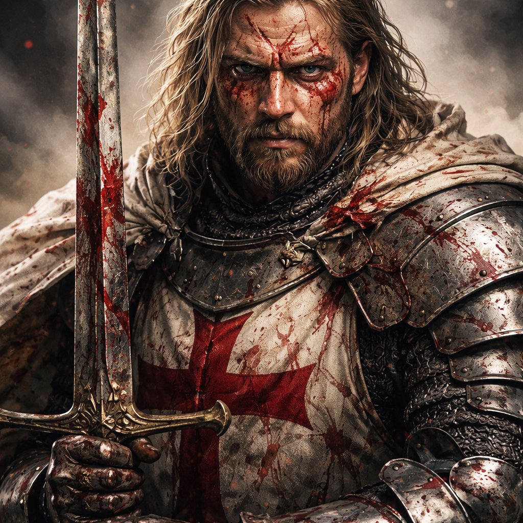 A male battle damaged crusade knight with heavy armor with a beard and a legendary sword blonde hair blue eyes and a large scar across his face tall and muscular with blood