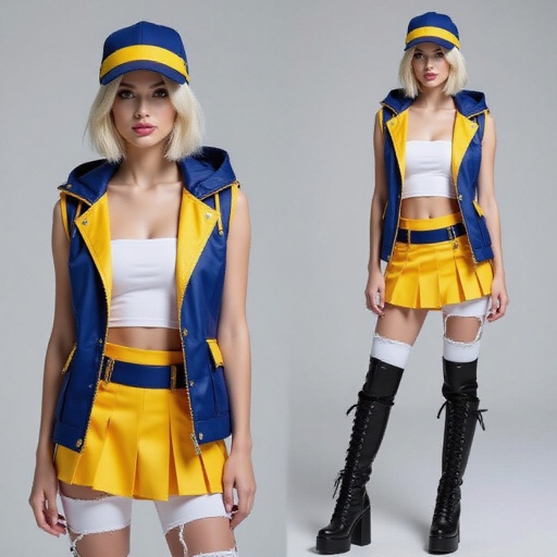 Pretty blonde and pink hair in a Bob Haircut wearing a stylish Indigo cap with Yellow band and  she wears a matching open Indio, Yellow vest with a hood and a low cut white  tube top. A Yellow and Indigo Thigh high skirt  white torn leggings and black high combat heel boots