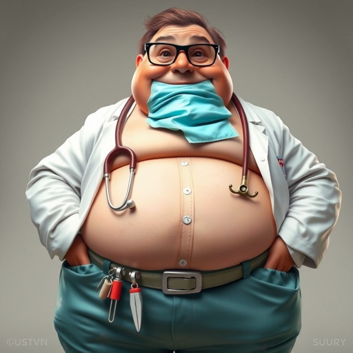 create a fat doctor. Who is funny human looking from head to toe. And he always immediately results to surgery for anything even small things. So please be sure to show his whole outfit head to toe. Make him have 1 tooth