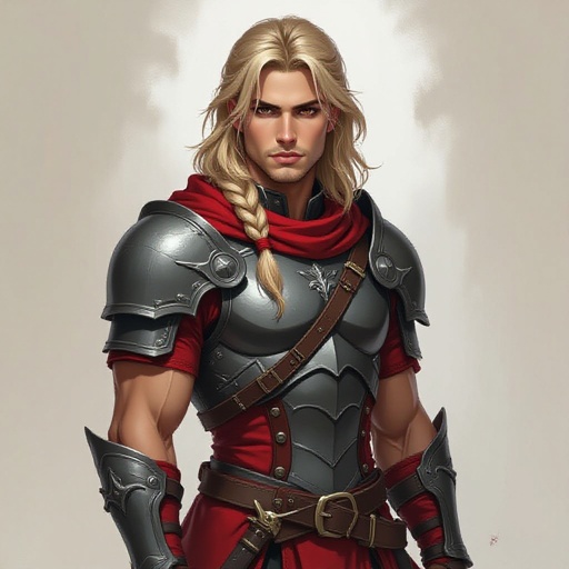 Dark blonde hair. Dark eyes. Tan skin. Strong build. Wearing a red and grey.