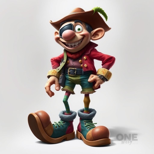 Create a funny guy name one eye Willy, who has one eye patched, show entire body head to toe 