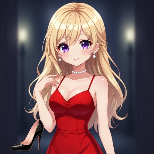 She has blonde hair and purple eyes and a red dress and black high heels and pearl earrings 