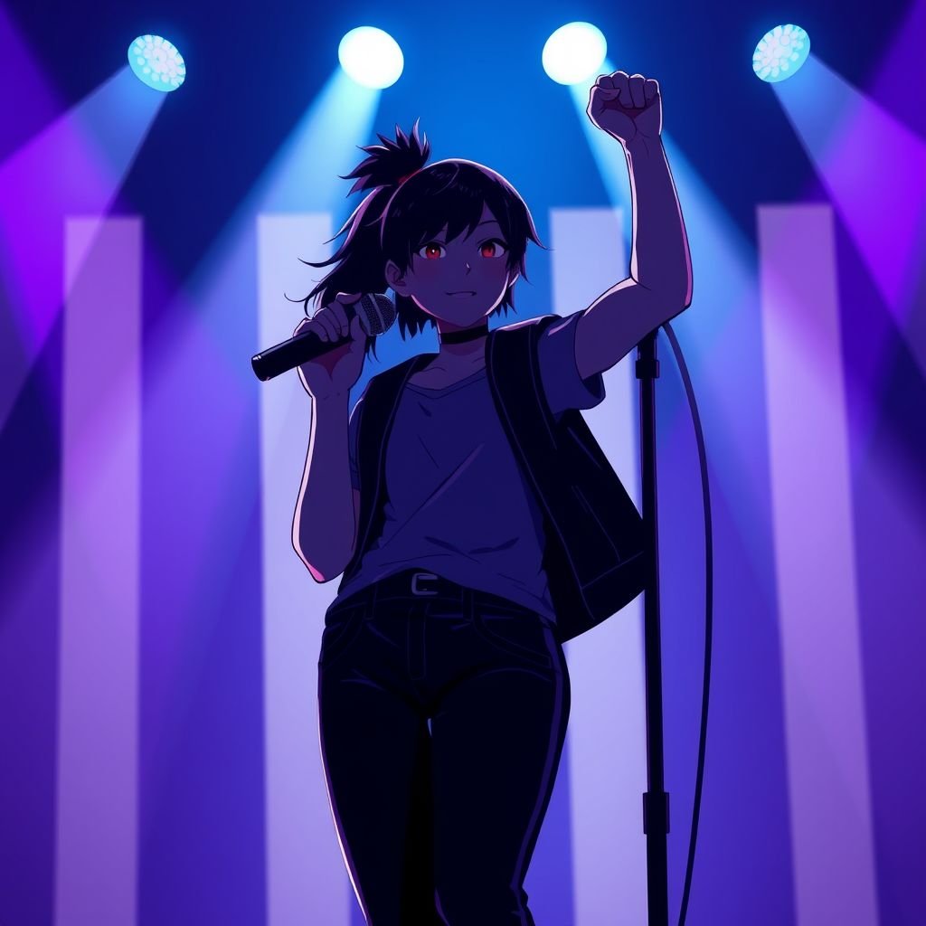 Black shadow/figure of a tall girl standing on a stage, holding a microphone in one hand and raising the other hand in a fist toward the sky. The stage is bathed in blue and purple light