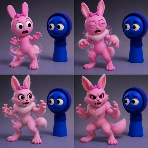 Pinki from sprunki starting to turn into her kind Wererabbit self in front of Jevin from sprunki with her legs and tail transforming and then her arms and then her ears and her neck gets fluffy and then she’s fully transformed with her eyes being black and pink