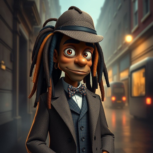 Create a funny character similar to Sherlock Holmes, but make him of black decent and with dread locks. Show his whole outfit including his shoes.