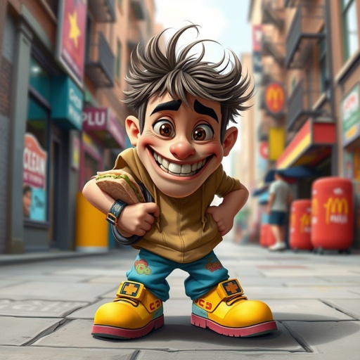 Create a funny looking clumsy sandwhich thief with funny shoes on 