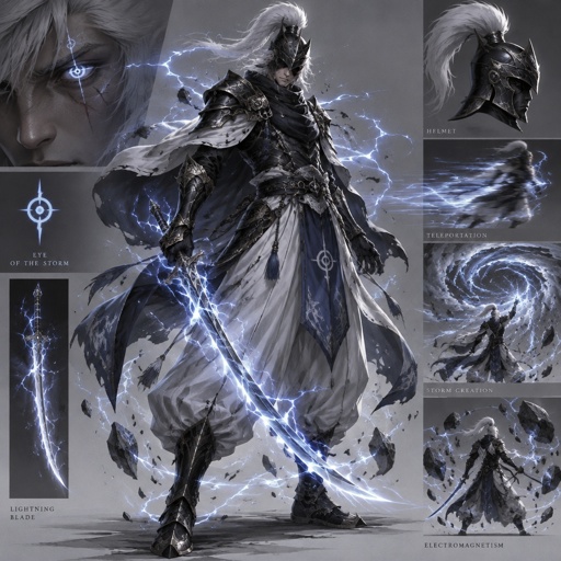 lightning dark knight, plume helmet, grey hair, eye of the storm mark, baggy pants, scar eye, teleportation ability, storm creation, lightning curved sword, electromagnetism manipulation, white blue black and grey