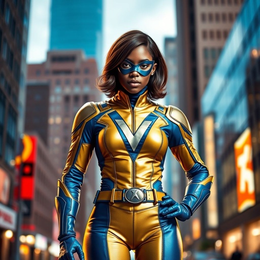 A teenage African American female superhero wearing a domino style mask with slightly curly hair in a shoulder length side part style wearing a slightly armored polyester and leather gold suit with blue accents gold pants and a stylized V as her chest emblem a utility belt and blue boot heel less standing in Philadelphia