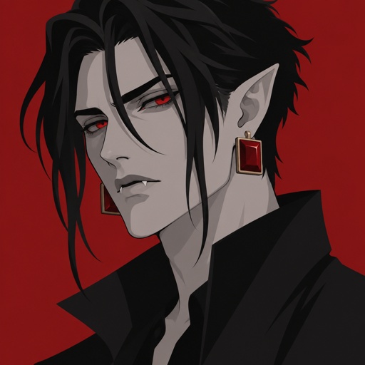 Male vampire, black hair long in the front short in the back hair of ears in the middle of face dropping,red eyes, pointy ears, gray skin,cheekbones, big red square earrings