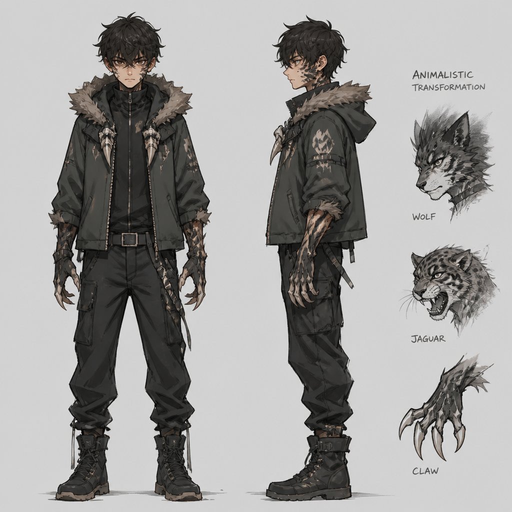 male villian with the ability to partly transform into animals outfit design teanager