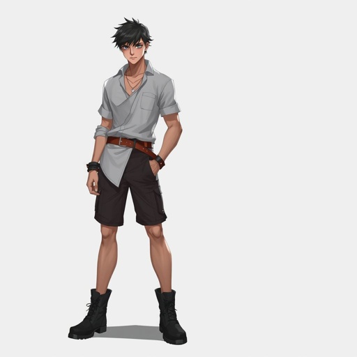 Age 18 male has nobility in his blood, he wears a simple tunic, shorts, and combat boots. He is tall and lean and has short dark hair