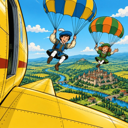 a couple of people flying through the air with parachutes