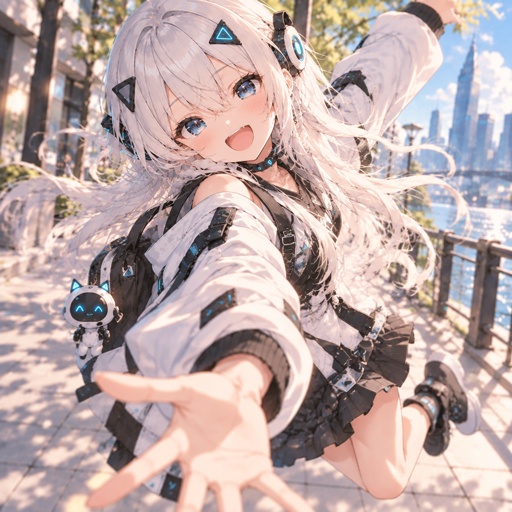 a woman with long white hair and a black and white outfit