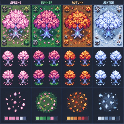 Crystal Cherry Tree pink blossoms with little magical sparkles, for a fantasy game set in modern times, in all the seasons, top down style,