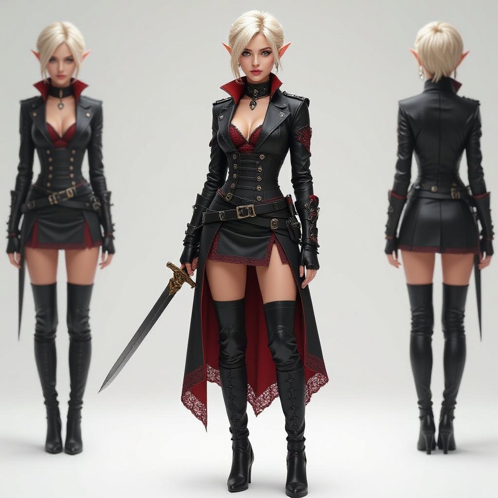Blonde pixie cut Female High Elf Cop Assassin in Black and Red Shear Lace & Leathers and Skirt full body
