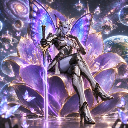 a woman with a sword sitting on a flower