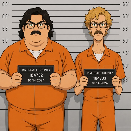 Male, green eyes, mustache, neck length black hair, neat hair, black glasses, male blonde curly hair, green eyes, blush, male, blonde curly hair, green eyes, fat, blush, the blonde guy and the fat guy are twins, there all wearing orange jumpsuits getting there mugshots taken, cinematic 
