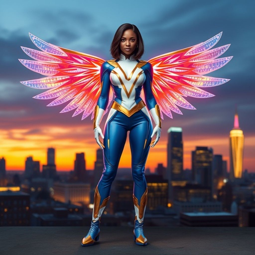 African American female superhero with shoulder length hair in a side part style and holographic wings wearing a homemade white and blue suit with gold accents and blue pants with a stylized V as her chest emblem wearing gold flat boots made of gold fire standing in Philadelphia at dusk