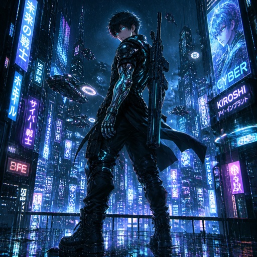 Create an original anime-style male Cyberpunk Soldier, around 18–20 years old, tall, athletic and highly agile, with messy black hair and glowing cyan-blue eyes.  He wears futuristic black tactical armor with metallic silver panels, glowing cyan circuitry, armored gloves, reinforced boots, and a high-tech mechanical left arm. The armor has subtle neon-blue lights integrated into the chest, shoulders, and legs.  His mechanical arm contains advanced technology with glowing energy lines and a compact futuristic weapon system. He carries a sleek futuristic energy rifle across his back.  He stands in the middle of a rain-soaked futuristic city at night, surrounded by towering skyscrapers, holographic advertisements, neon signs, flying vehicles and glowing reflections on the streets.  Futuristic cinematic anime style, neon blue and purple lighting, detailed mechanical components, realistic armor textures, rain particles, dramatic perspective, highly detailed, full-body composition, original character design, no existing character, no logos, no text, no watermark.