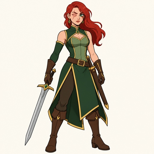 A princess,red hair swooped more on the right side,green eyes,right eye is scar and blind,she is wearing a green sleeveless dress that splits in the middle an with golden rims on the bottom of dress,brown pants underneath ,she wears a light green corset with the top on her neck loose and golden rims on top,wearing a brown belt with a sheath,brown boots,has an unhatched green sleeve on right arm,brown gloves,earrings,a beautiful sword with a diamond in the middle 