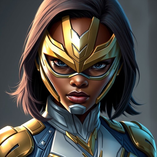 A teenage African American female with shoulder length hair in a side part style superhero wearing an armored MASK and a slightly armored white and gold suit with blue accents and white pants and a stylized V as her chest emblem a utility belt and gold boots