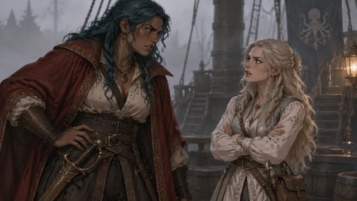 D&D style digital illustration: a foggy ship deck setting where a tall, broad woman with tan skin, freckles, brown eyes, and wavy teal hair scowls from beneath a red pirate cloak. She is arguing with a thin, elegant woman wearing a pastel embroidered adventuring outfit; the slender woman has long pale blonde hair, wide brown eyes, and a frustrated expression, arms crossed tightly as she admonishes the larger woman.