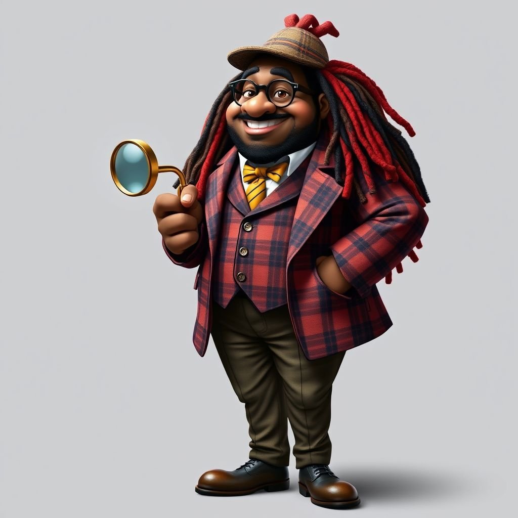 Create a funny fat character similar to Sherlock Holmes, but make him of black decent and with dread locks. Show his whole outfit including his shoes.