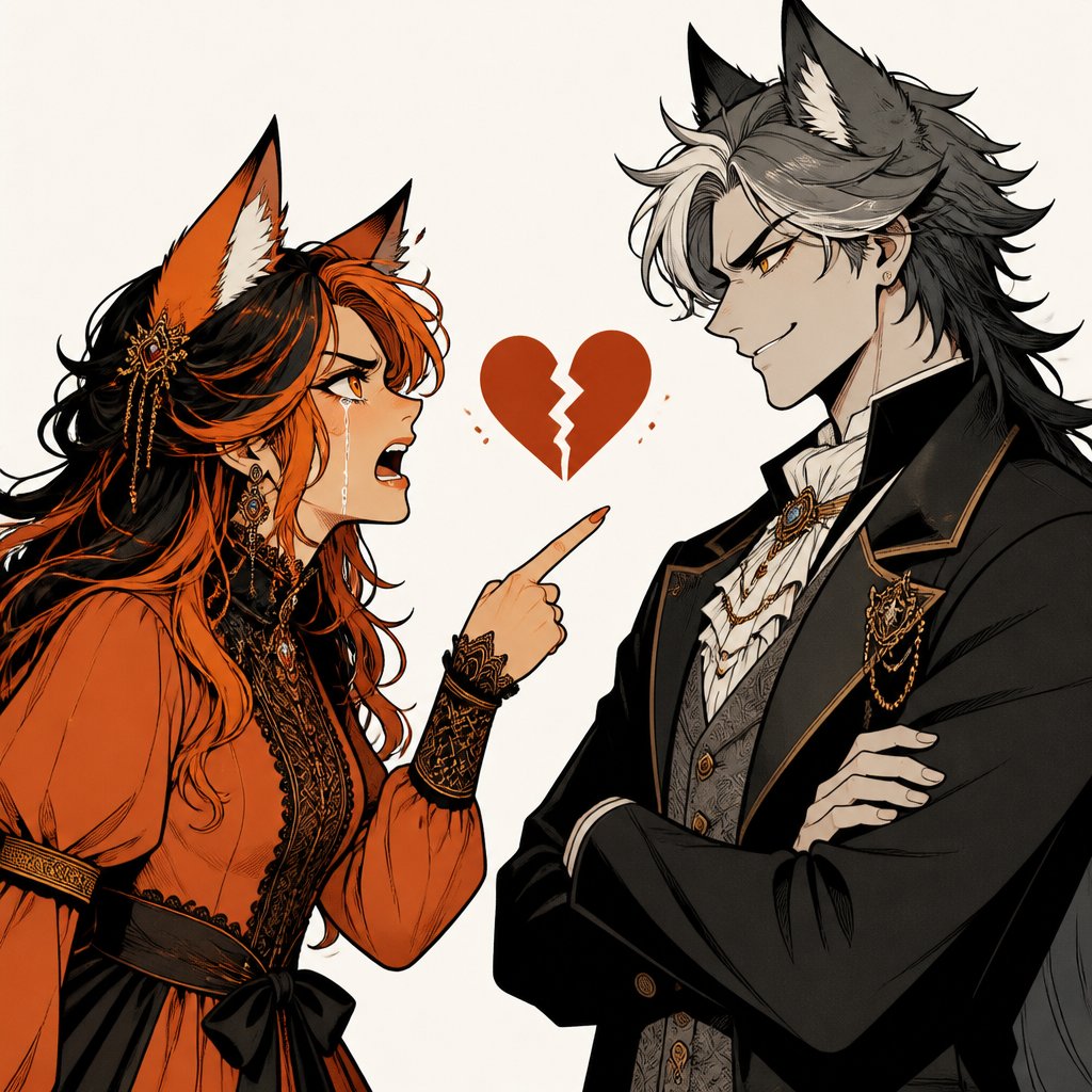 A beautiful woman with fox like looks fox ears fox eyes and orange and black hair and a beautiful modesty dress very fancy arguing and crying with frustration with a handsome man with wolf like looks and wolf eyes wolf ears and gray and white hair he is smirking broken heart