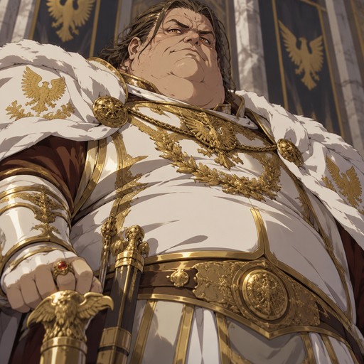 make massive figure with greasy dark brown hair and dull amber eyes. Characterized by a broad face,rough skin, and a confidently raised chin,he wears high-end armor mixed with gold and white and an eadle-patterned cape in manga way or anime way,fat and ugly