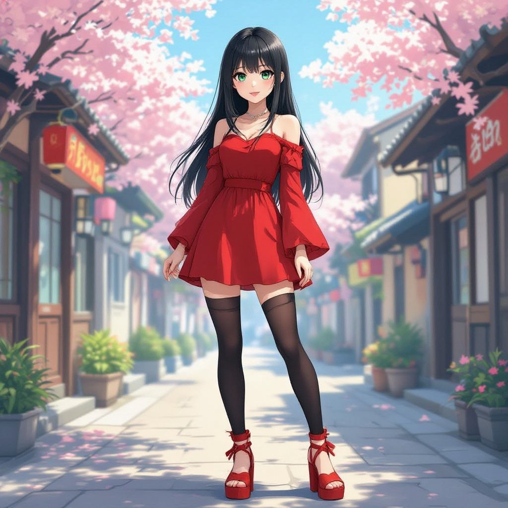 Jade has straight black hair. Green eyes with blue eyeshadow. A red sundress with long, see through sleeves. Black leggings and red platform shoes as she stands up straight