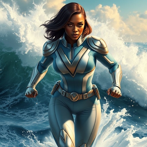 African American female superhero with hair in a shoulder length side part hairstyle with pure Gold eyes wearing a leather slightly armored light blue white and silver suit with light blue pants and silver boots and a V as her chest emblem controlling a storm in the Pacific Ocean
