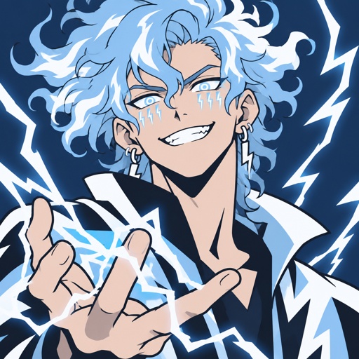 Male,light blue and lightning white streaks colored curly longer hair sticking up at bottom lightning hair Static Electricity ,grinning,white eyes with light blue in the middle,six lightning mascara down face, earrings,lightning powers