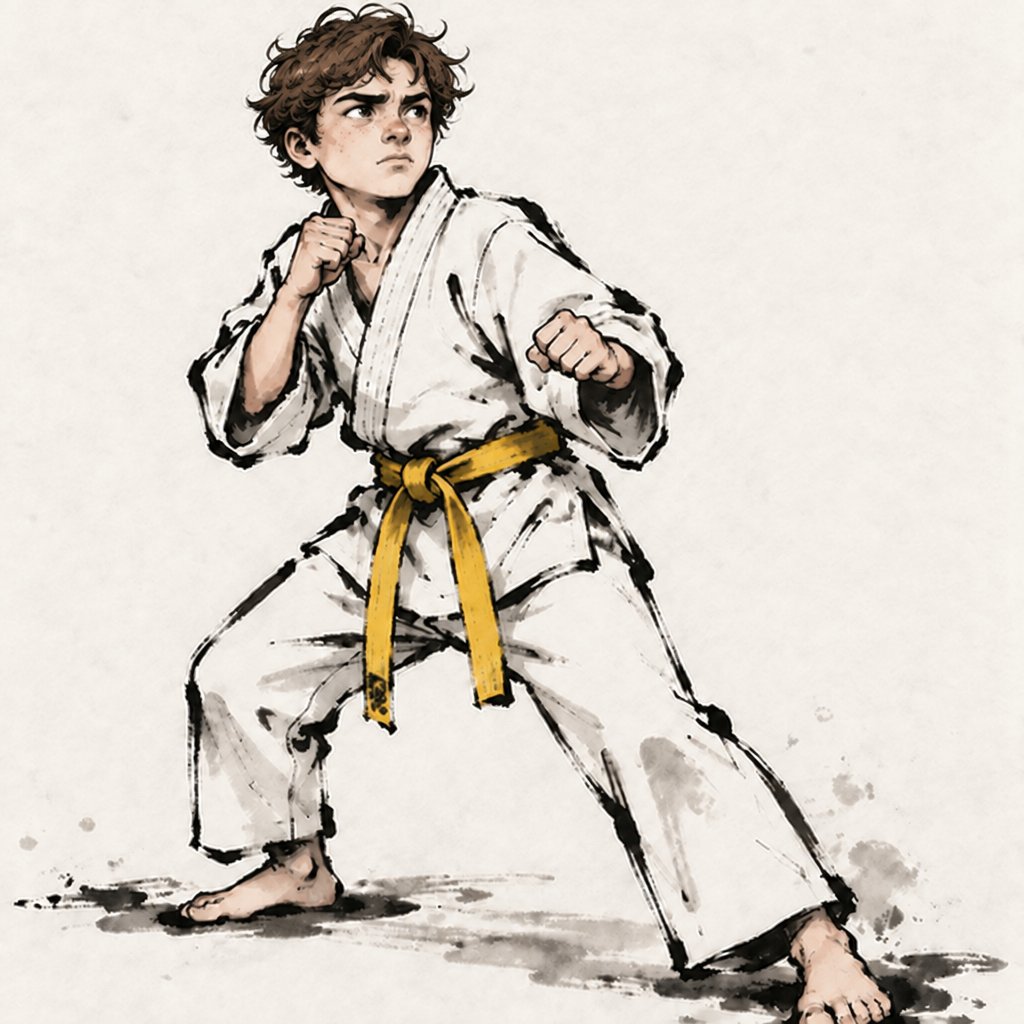 a drawing of a man with a yellow belt