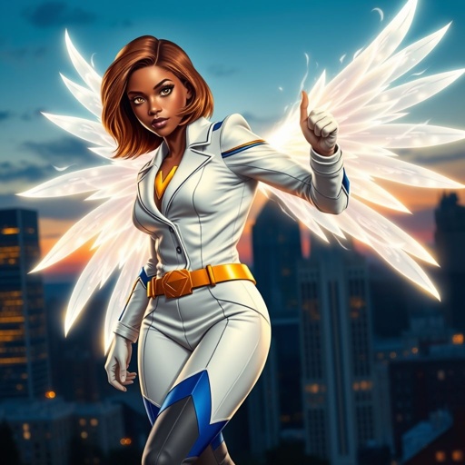 A teenage African American female superhero with brown hair with gold highlights in a shoulder length side part hairstyle with pure Gold Glowing eyes wearing a white suit with gold and royal blue with white pants and gold and white knee length boots with a utility belt with a gold V as her chest emblem with glowing wings made of white fire in Philadelphia