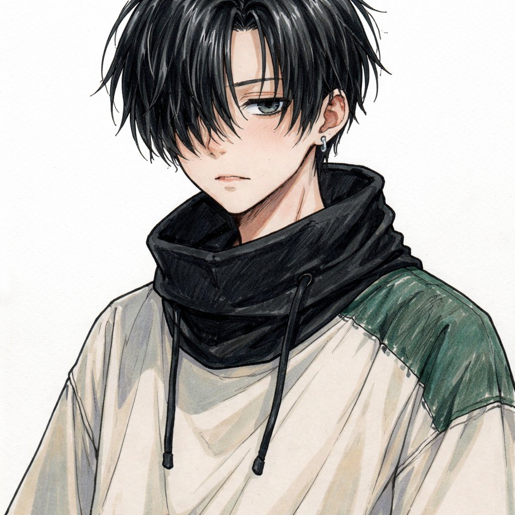 An 18-year-old boy with short hair, longer bangs on the right side falling over his eye, a loose middle part, and shorter bangs on the left side slightly covering the eye. He has hooded gray eyes and an expressionless face with a subtle hint of sadness. He is wearing an oversized t-shirt with a dark green section on the shoulder. A black ski mask is worn loosely around his neck.