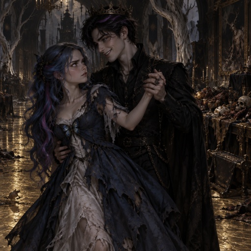 A 17 year old girl who has blue hair with pink and purple stripes and hazel eyes. She is wearing a dark blue dress that has layers. The inner layer is a lighter blue that fades into a soft white. There’s no strap on her left side. The top comes together at her right side and is held together by a blue butterfly which had a prince of clear fabric hanging from it. Her hair is in a low brain that hangs over her shoulder. She stands in a forest surrounded by white trees. She’s dancing with an 18 year old prince who has black hair with purple stripes and blue eyes. He is wearing a black shirt and black pants. He wears a small wicked smile and the girl looks at him in annoyance. They are dancing in a big room with other people. There’s two tables on either side of the dance floor. The floors are gold and the room is light. The tables are full with food. 