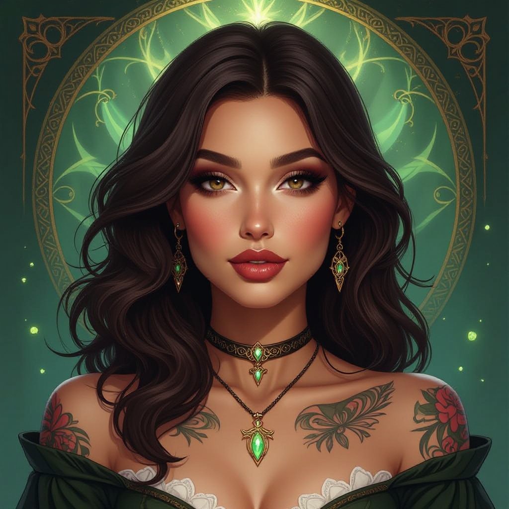 Kobieta człowiek. Ciemnobrązowe  do pasa włosy, brązowe oczy, pełne usta, delikatny makijaż, tatuaże. Pyzata twarz. Tarot