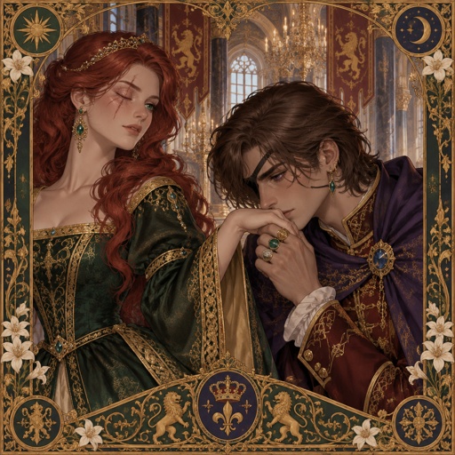 A princess,red hair swooped more on the right side hair is not blowing ,green eyes, right eye is scar and blind, she is wearing a green beautiful princess dress with golden rims on the bottom of dress, earrings,A prince, brown hair down to his neck, part of his hair is dropping down the right side of his head covering his eye a little more, beauty mark on right side cheek, cheekbones, purple eyes nice eyelashes,three earrings, multiple rings done with diamonds some jade some just golden,wearing a purple cape with a blue circular jewel with a gold rim around it on the left side of his cape, red shirt with a golden rim from the collar down the shirt, sleeves are folded with golden rim around it and in the middle the sleeves three buttons in the middle of sleeves,the prince is kissing the princess hand in the royal palace 