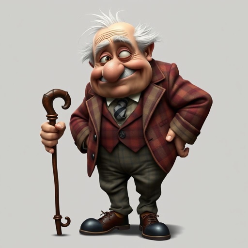 Create a grouchy funny old character who has 1 eye patched. Make him fat with a cane. Show his whole character head to toe including shoes 