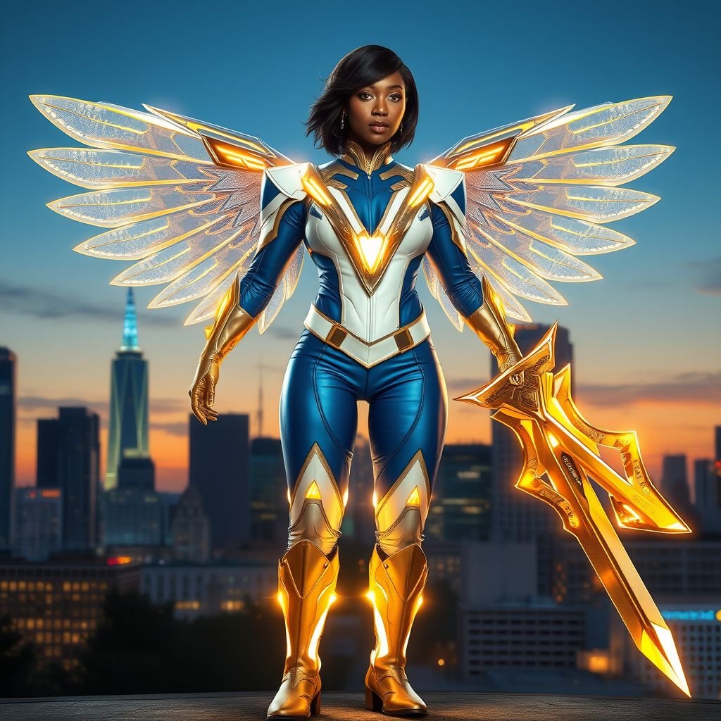 African American female superhero with shoulder length hair in a side part style and holographic wings wearing a homemade leather white and blue suit with gold accents and blue pants with a stylized V as her chest emblem wearing gold flat boots made of gold fire holding a large glowing broadsword in one hand standing in Philadelphia at dusk