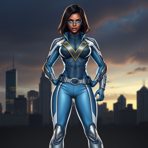 African American female superhero with hair in a shoulder length side part hairstyle with pure Gold glowing eyes wearing a leather light blue white and silver suit with light blue pants and silver boots and a V as her chest emblem in Philadelphia