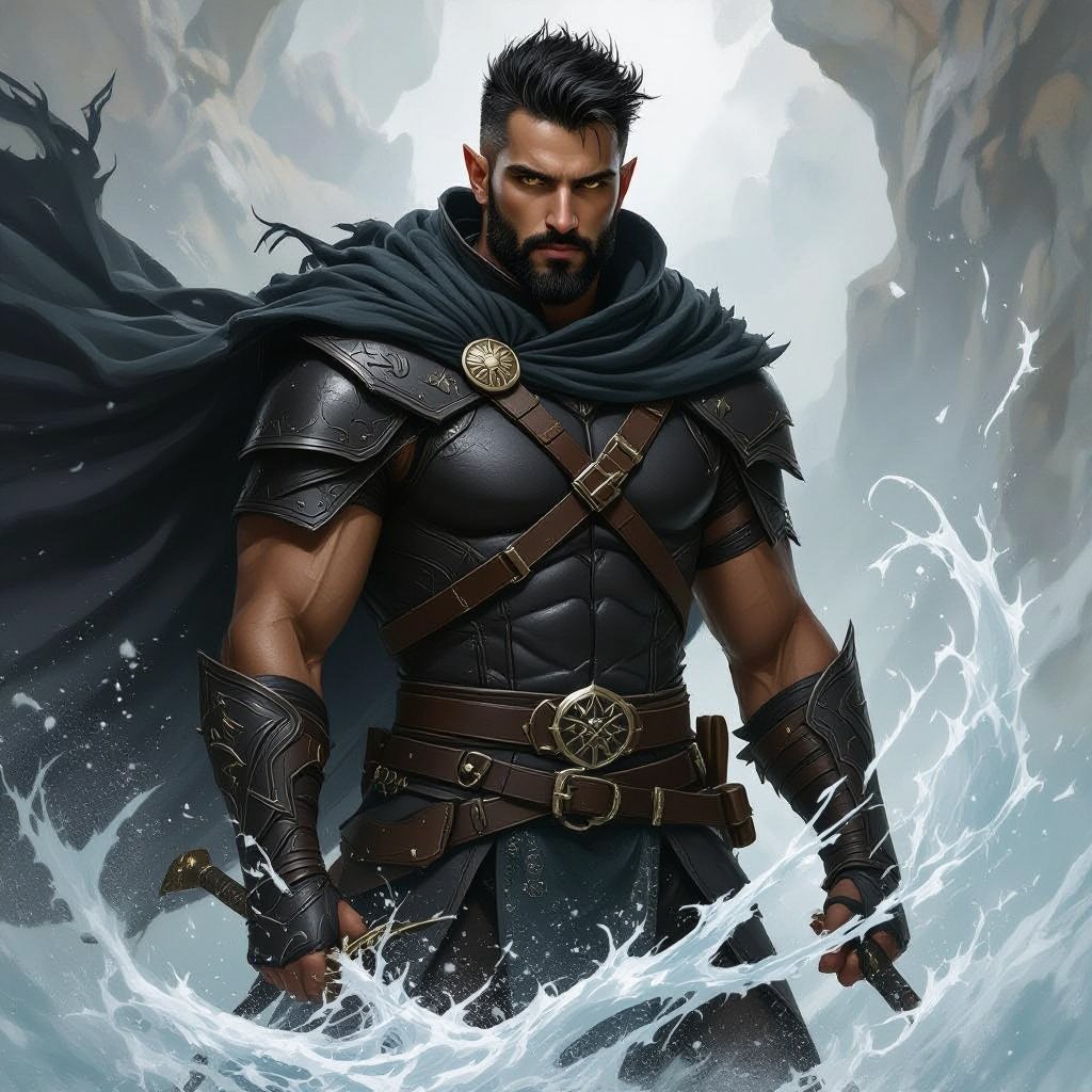 Black elf man in his early thirties with short black hair and black beard with brown eyes with wind abilities