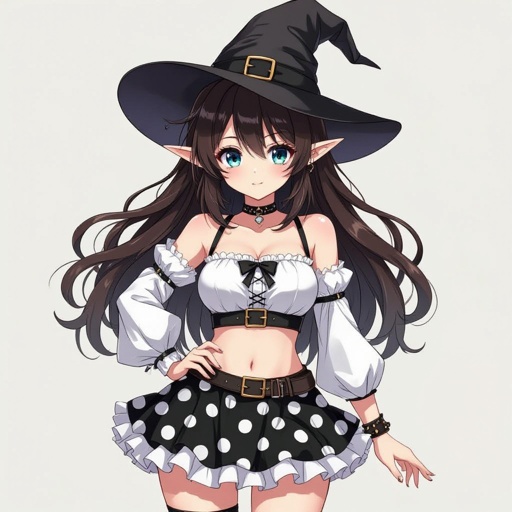 Brunette witch elf in a battle worn and damaged tight black and white polka dot mini skirt and white blouse and witches hat