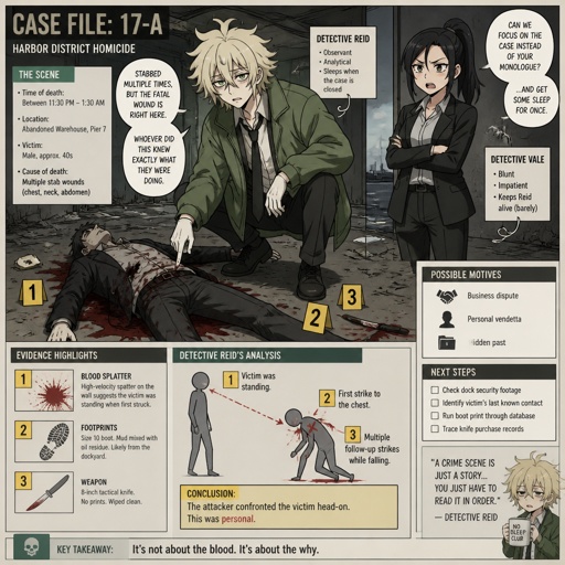 Anime Male great detective takes his job real seriously and is really good at it in his mid 20s with medium really crazy messy light blonde hair, tall thin, tied, clean shaven, strange green eyes wearing a baggy loose mossy green jacket tired face thinks hard about crime scene talking to his partner, partner looking annoyed but also concerned for him, trying to take this case seriously, talking about crime scene what could have happened, very gruesome, no one knows the person just found today making harder to figure out, the detective will do whatever he can, his parent and him get into arguments usually his partner will say "you really need some rest you can barely stand and your speaking trails off, how do you expect to finish this case with the little sleep and food you eat" detective will reply" all I need is some coffee, I can survive and I don't plan on resting till I get to the bottom of this, worrying never helps with anything"as he starting to nod off