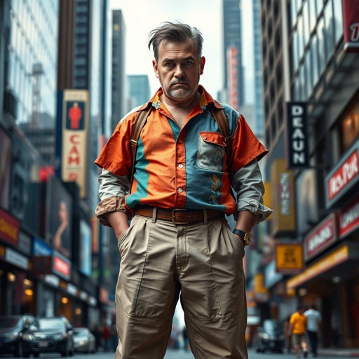 Create a funny looking serious man in the world, with a not so stylish outfit head to toe